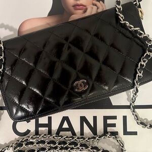 Authentic Chanel Black Quilted wallet converted into Crossbody Bag . Customized